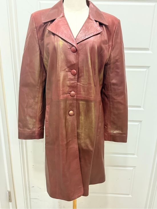 Johenic Jackets & Blazers - Johenic Leather Button-Front Coat in Deep Brick Red and Shimmering Gold Finish